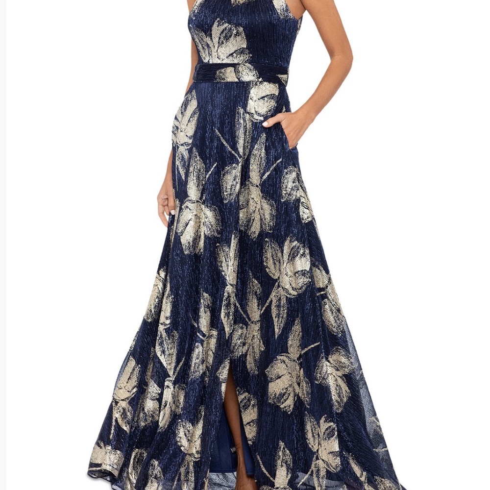 Betsy & Adam Elegant Navy and Gold Floral Evening Gown